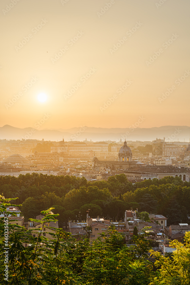 Sunrise panorama of Rome, Italy from Janiculum Hill viewpoint with Coliseum, Pantheon, Spanish Steps, Roman Forums and churches