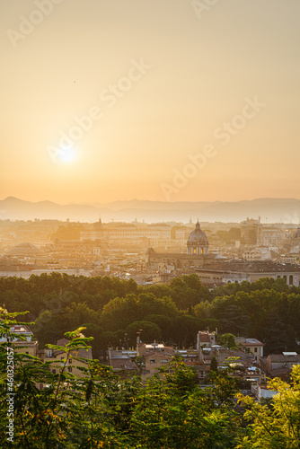 Sunrise panorama of Rome  Italy from Janiculum Hill viewpoint with Coliseum  Pantheon  Spanish Steps  Roman Forums and churches