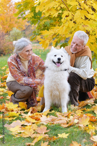 Portrait of happy senior couple in autumn park with dog