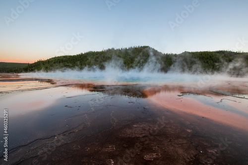 Midway Geyser Basin at sunset, Yellowstone National Park Wyoming. Blue hours.