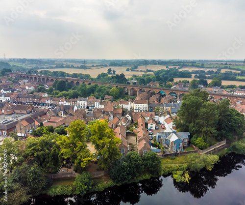 An aerial view over the town of Yarm, Yorkshire, UK in summertime