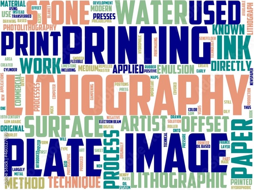 lithographer typography, wordart, wordcloud, art,vintage,engraving,etching photo