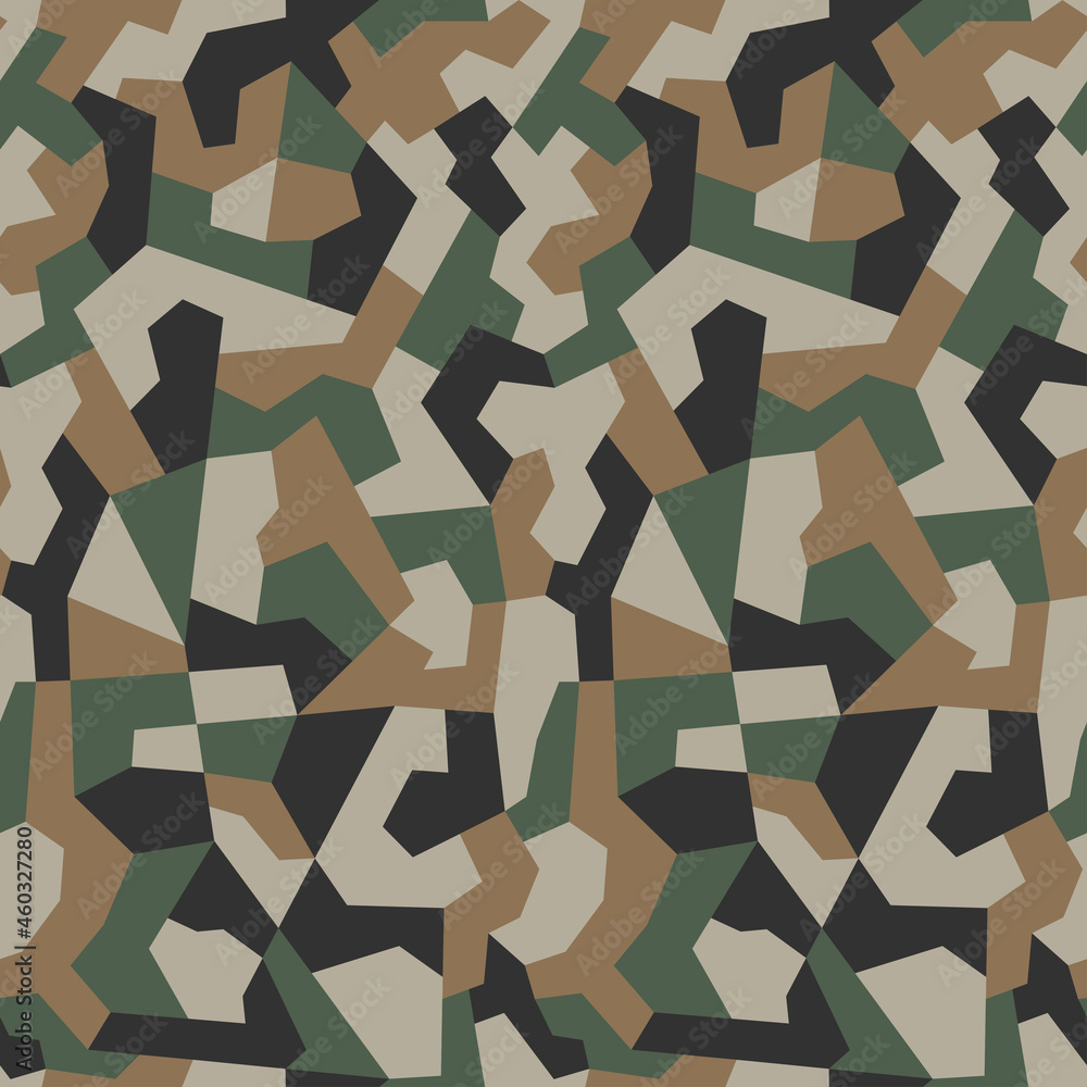 Vector geometric camouflage seamless pattern. Khaki design style for t-shirt. Military texture debris shape pattern, camo clothing while hunting illustration. - obrazy, fototapety, plakaty 
