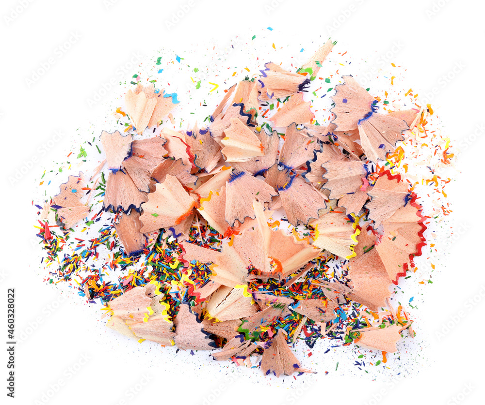 Heap of colorful pencil shavings on white background, top view Heap of colorful pencil shavings on white background, top view