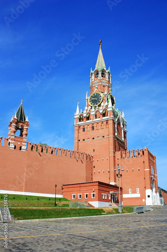 Red tower and the wall of the Moscow Kremlin