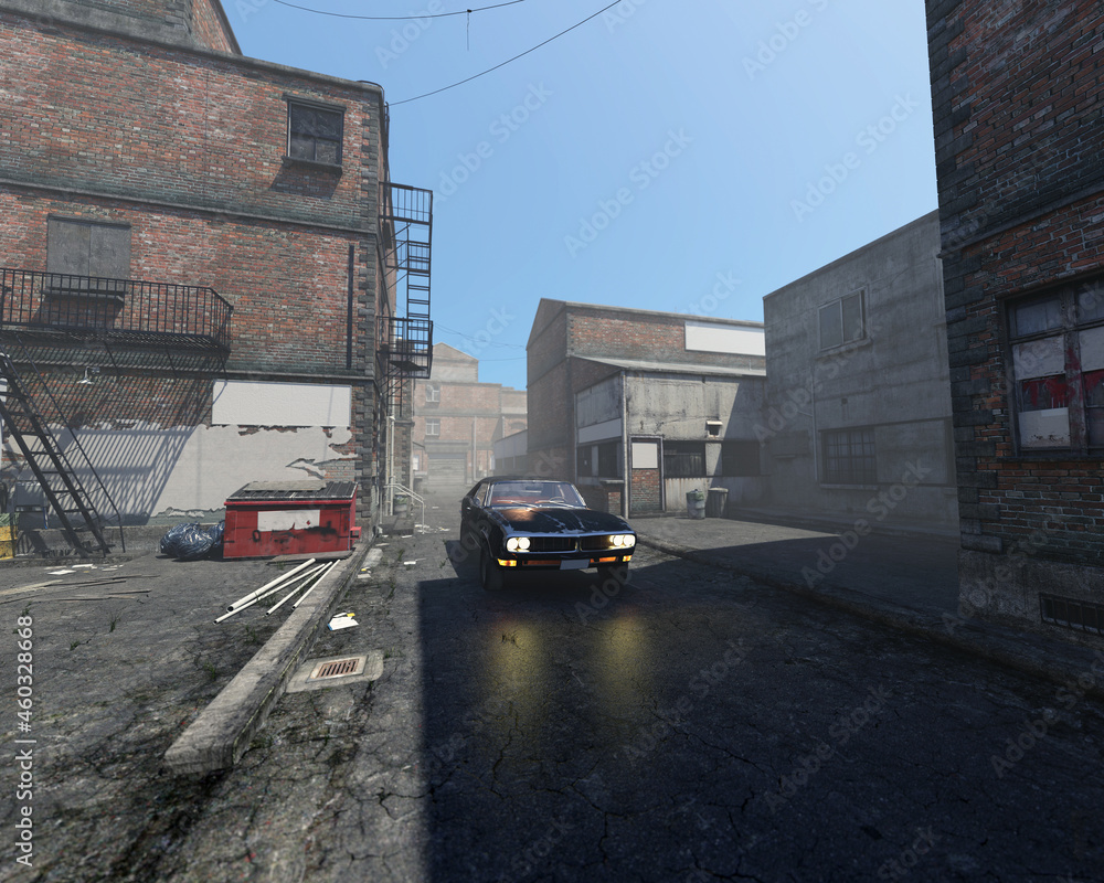 Vintage 1970s muscle car with illuminated headlights on the street in an abandoned and derelict foggy industrial area under a blue sky.