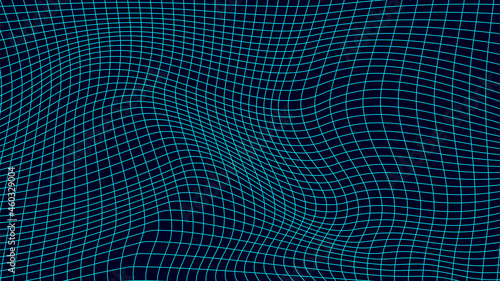 Abstract wavy 3d mesh on a blue background. Geometric dynamic wave. 3D technology wireframe. Vector illustration.