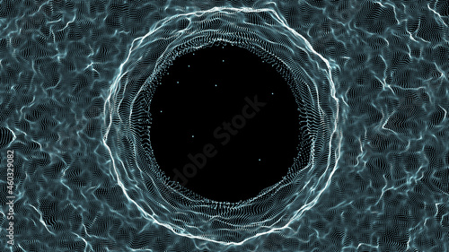 Funnel-shaped tunnel for movement between cyberspaces. Cosmic wormhole. Space travel concept. 3D rendering. photo