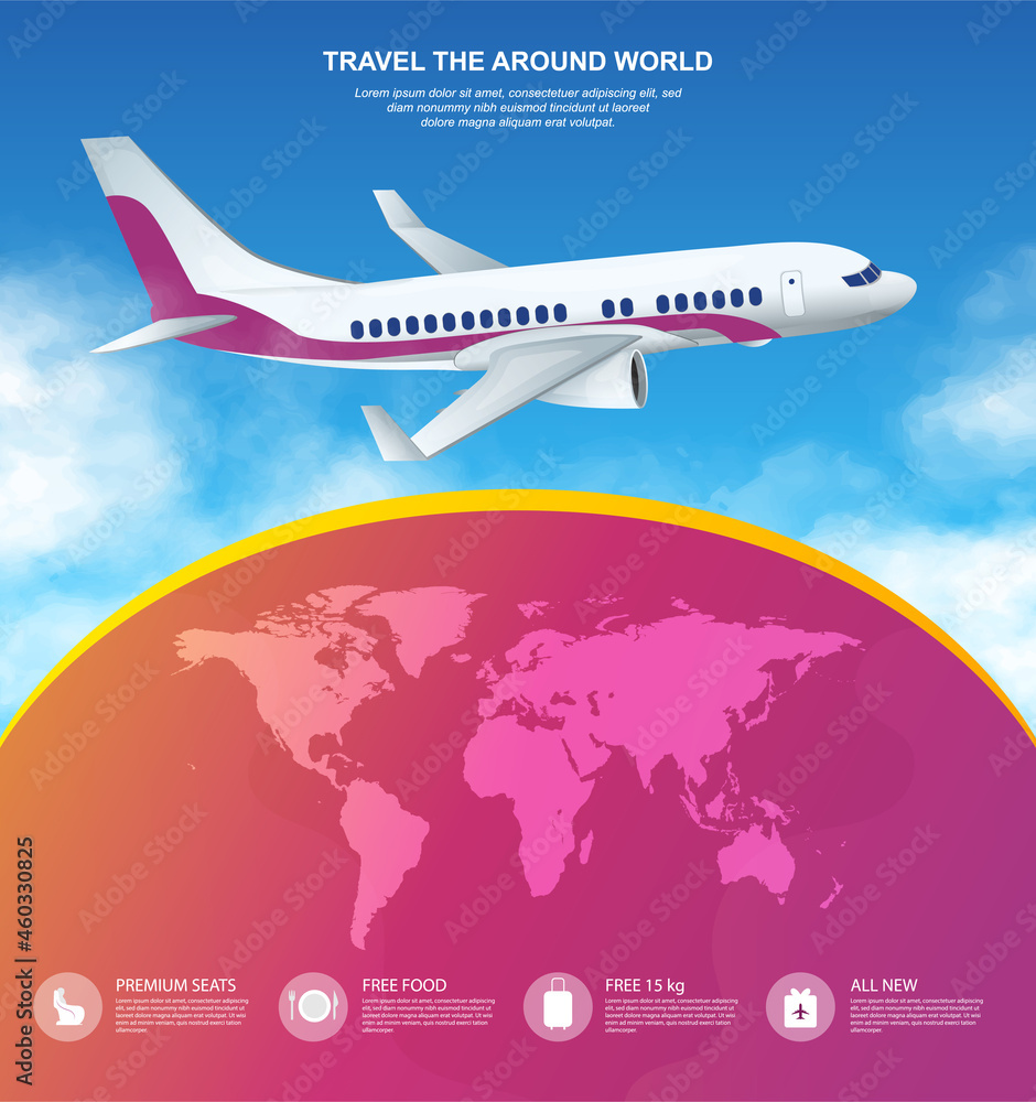 Paper cut style airplane flying around colorful world. Concept of travelling around the world by plane postcard template. Website, web page, landing page template. Flat cartoon vector illustration