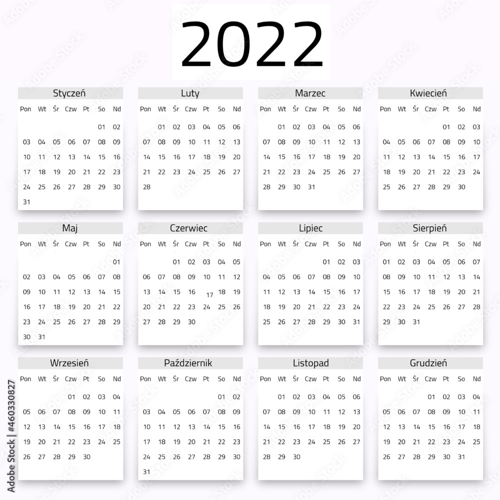 Calendar for 2022 year, black white with polish names of months and days