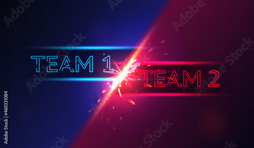 Colorful banner with team 1 versus team 2 battle on red and blue background. Concept of vs match with two players fighting. Flat cartoon vector illustration