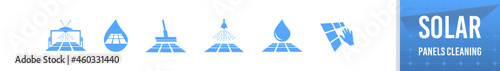 Cleaning solar panels with different methods like using brush water mop automatic robot machine pressure washer hand towels and proper care. Colorful water blue Vector icon illustration.
