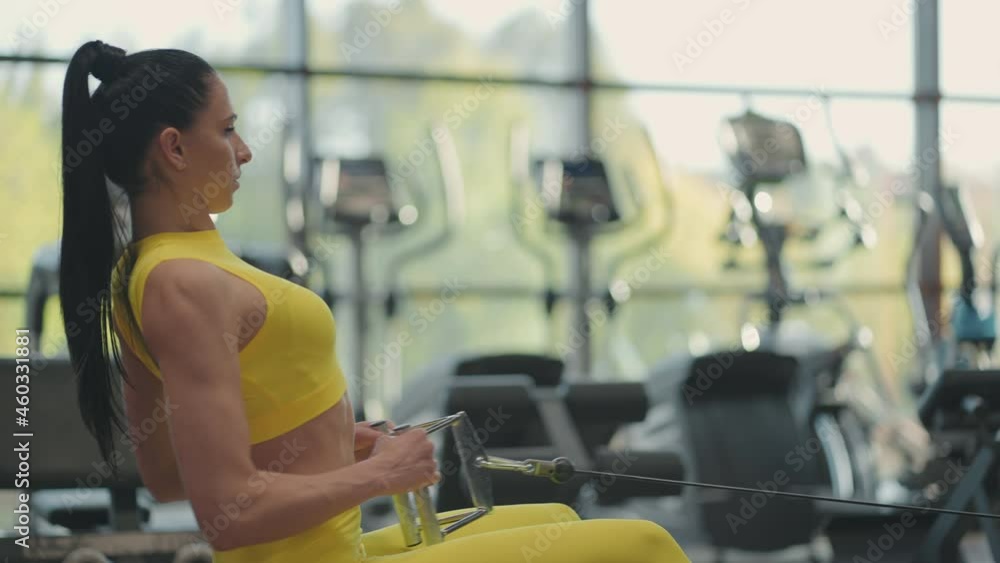 Hispanic woman does exercises on the rowing machine. A girl sits behind a simulator is called a rowing machine. sitting pulls the weight of large Windows and treadmills of the gym Hispanic woman does exercises on the rowing machine. A girl sits behind a simulator is called a rowing machine. sitting pulls the weight of large Windows and treadmills of the gym