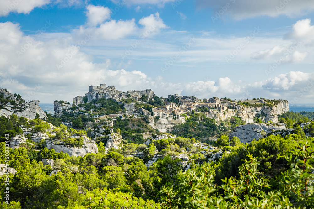 Beautiful view of the village and castle of Les Baux de Provence on a summer day in Provence, France