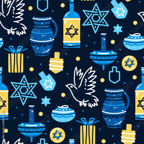 Traditional Hanukkah seamless pattern with symbols of the jewish holiday. Vector surface print illustration. Background with Jewish star, candles, dreidel. Chanuka fabric. Vector illustration