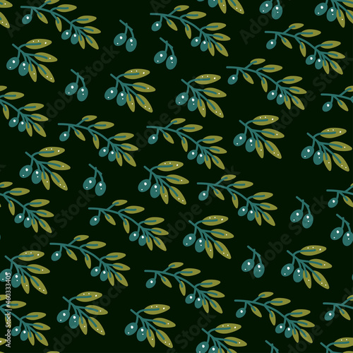 Olive branch seamless pattern in hand drawn style on dark background. Organic vegetable. Print with stylized tree branches. Doodle art