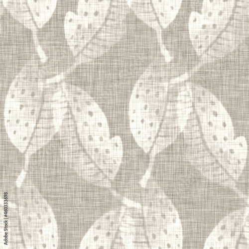 Hand drawn grey flower motif linen texture. Whimsical garden seamless pattern. Modern spring doodle floral nature textile for home decor. Botanical scandi style rustic eco ecru all over print