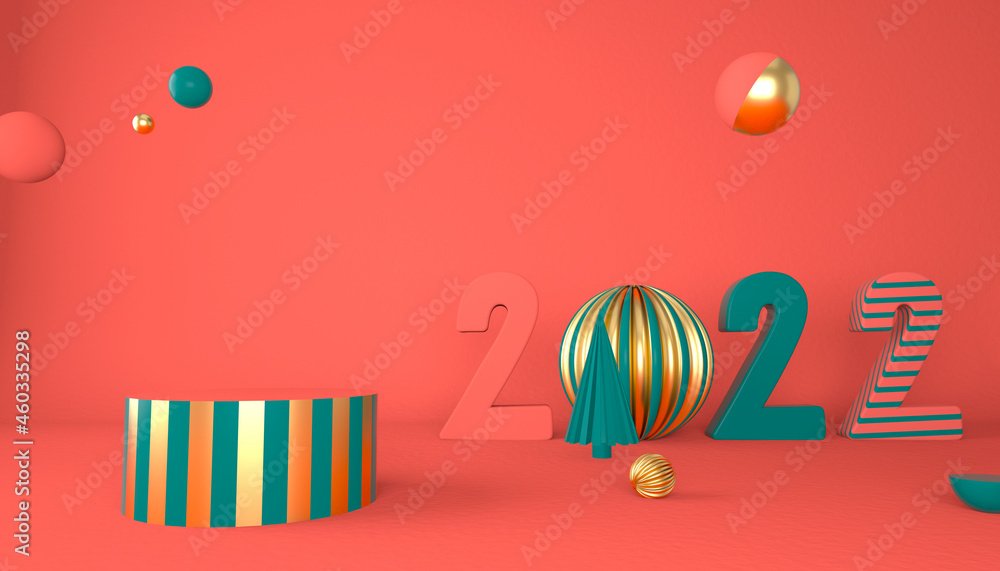 Happy New Year 2022. 3D numbers with geometric shapes and christmas ball. 3d render. Happy New Year 2022. 3D numbers with geometric shapes and christmas ball. 3d render.