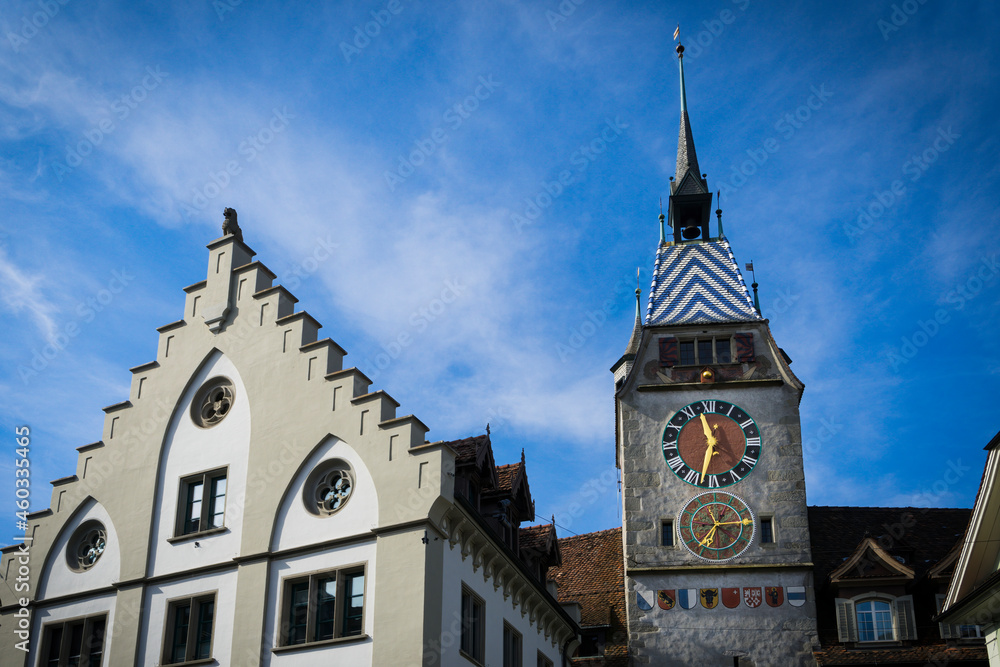 Old clock tower from the 15th century, one of the main attractions of the Swiss town of Zug.