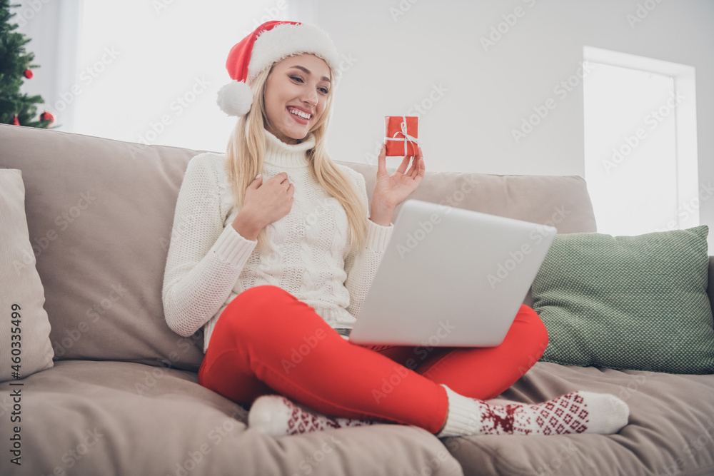 Full body photo of cheerful young happy woman sit sofa xmas talk laptop hold small gift indoors inside house home Full body photo of cheerful young happy woman sit sofa xmas talk laptop hold small gift indoors inside house home
