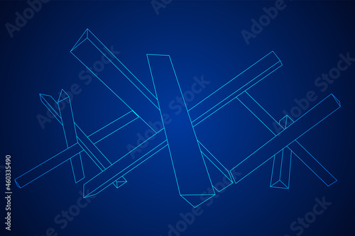 Hedgehog antitank defence. Wireframe low poly mesh vector illustration.