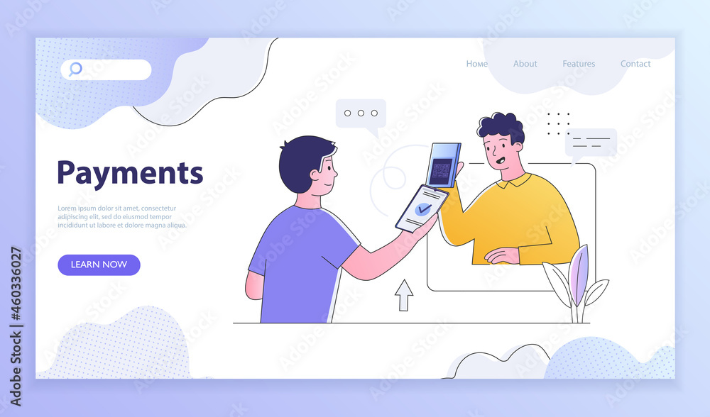 Online and contactless payment concept. Seller holding pos-terminal. Customer paying with phone, scanning QR code. Business metaphor. Web template, header. Flat outline cartoon vector illustration Online and contactless payment concept. Seller holding pos-terminal. Customer paying with phone, scanning QR code. Business metaphor. Web template, header. Flat outline cartoon vector illustration