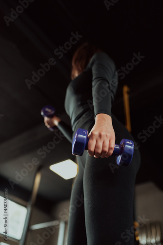 Sporty woman doing exercises with dumbbells in the gym