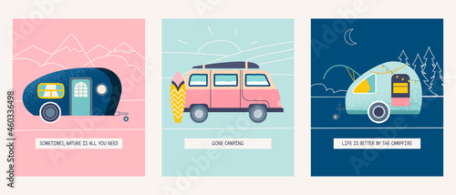 Collection of colorful Campers RV. Road home Trailer concept. Recreational vehicles. Camping caravan car for holiday trip. Mobile home for nature vacation. Cartoon hand drawn vector illustrations Set