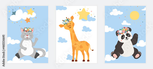 Fototapeta Naklejka Na Ścianę i Meble -  Set of cute posters with little cat, panda and giraffe. Prints for baby room, baby shower, greeting card, kids and baby t-shirts, wear. Hand drawn designs for nursery. Flat cartoon vector illustration