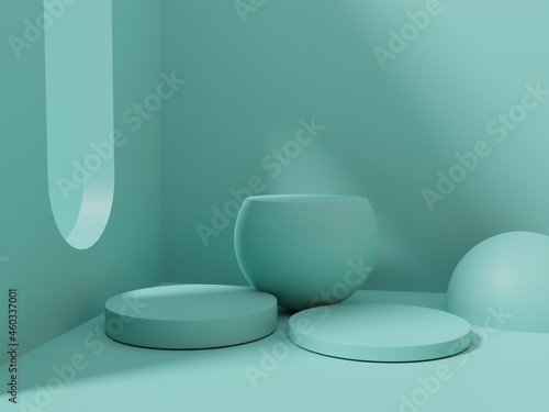 3D Rendering Monochrome Turquoise Studio Shot Product Display Background with Geometric Shapes and Platforms for Gadgets, Beauty, Electronics or Technological Products.
