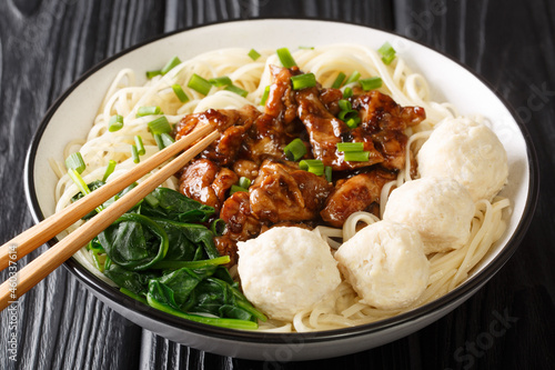 Mie Ayam Pangsit is a delicious Indonesian homemade recipe for noodles, chicken, meatballs bakso closeup in the bowl on the table. Horizontal photo