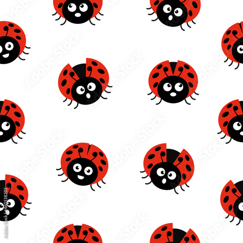 Ladybugs seamless pattern. Ladybirds insects flying with big eyes. Vector isolated on white