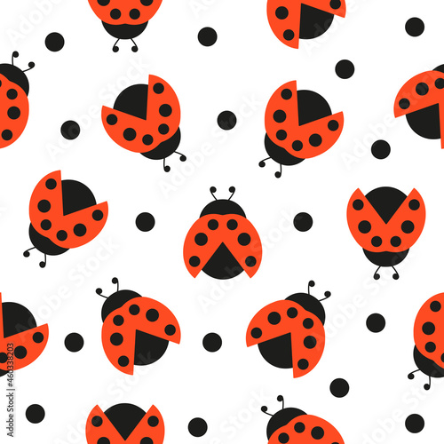 Ladybugs cute characters seamless pattern. Ladybirds insects flying with open wings and big eyes. Vector isolated on white 
