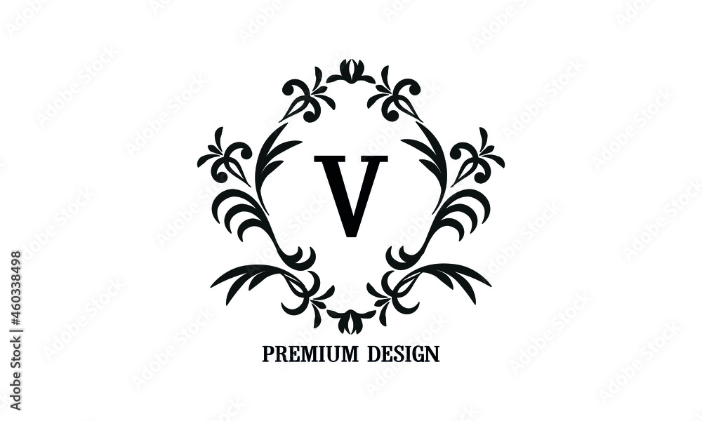 Exquisite company brand sign with letter V. Black and white logo for cafe, bar, restaurant, invitation, wedding. Business style