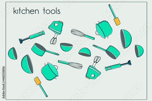 Abstract vector background with kitchen tools. Set cooking instruments ladle, saucepan, bowl, mixer, blender, spatula, whisk