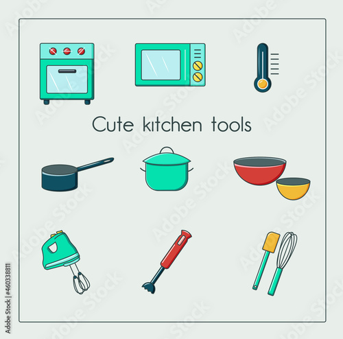 Vector colorful set kitchen tools. oven, microwave, thermometer, ladle, saucepan, bowl, mixer, blender, spatula, whisk. 