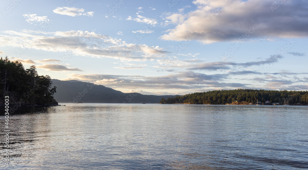 Fototapeta premium Gulf Islands on the West Coast of Pacific Ocean. Canadian Nature Landscape Background. Sunny Summer Sunset. Near Victoria, Vancouver Island, BC, Canada.