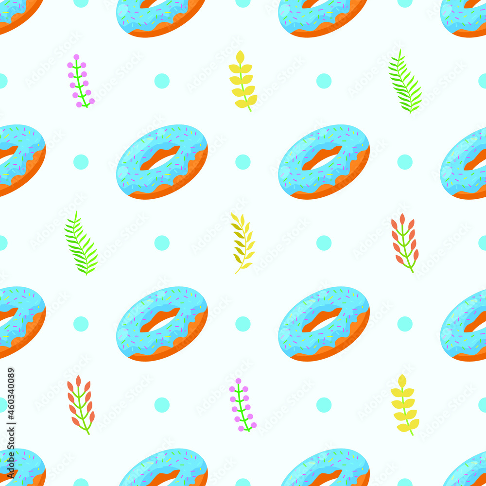 Seamless Pattern Abstract Elements Fast Food Donut With Leaves Vector Design Style Background Illustration Texture For Prints Textiles, Clothing, Gift Wrap, Wallpaper, Pastel