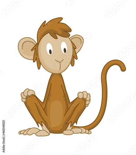 Cute funny monkey colorful cartoon illustration.  little chimpanzee. Wildlife character. Great ape sits
