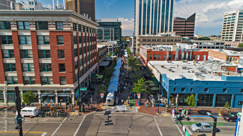 Drone aerial view of the Saturday market in downtown Boise, Idaho