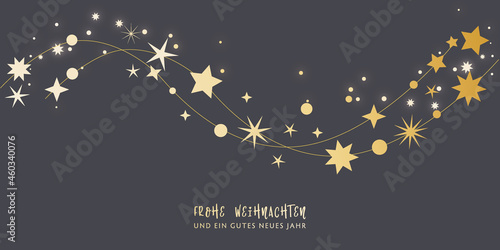 Weihnachtskarte - Frohe Weihnachten mit deutschem Text - dekorativer goldener Sternenschweif auf dunklem Hintergrund
