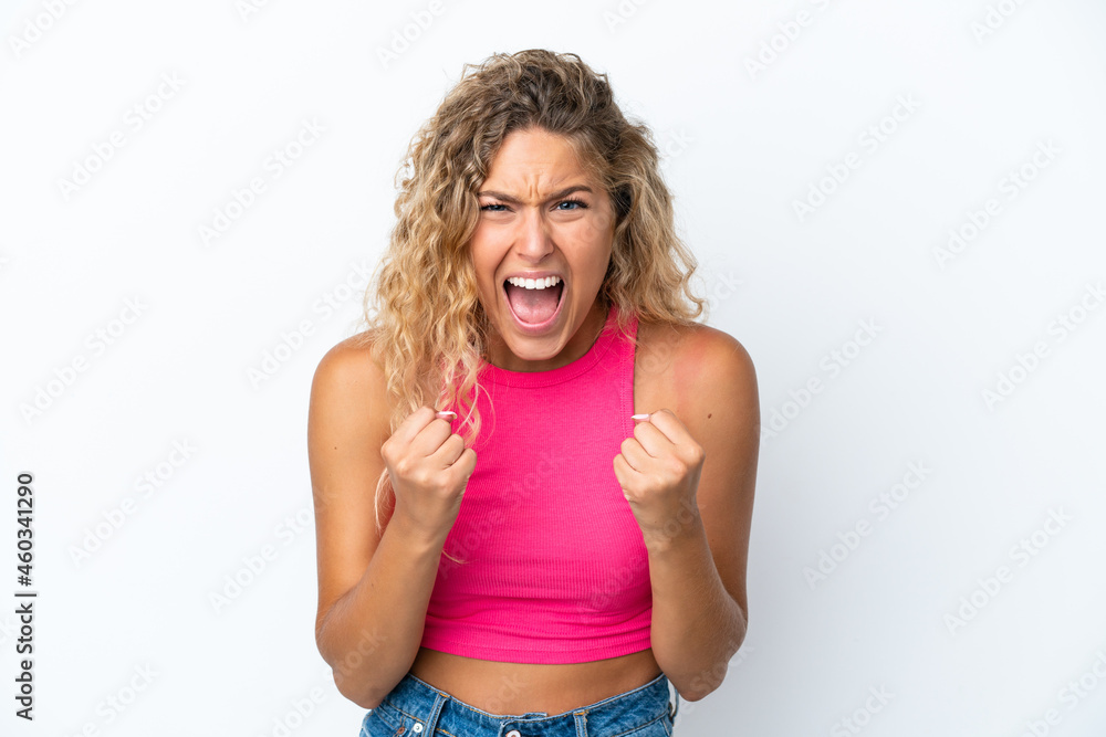 Girl with curly hair isolated on white background frustrated by a bad situation Girl with curly hair isolated on white background frustrated by a bad situation