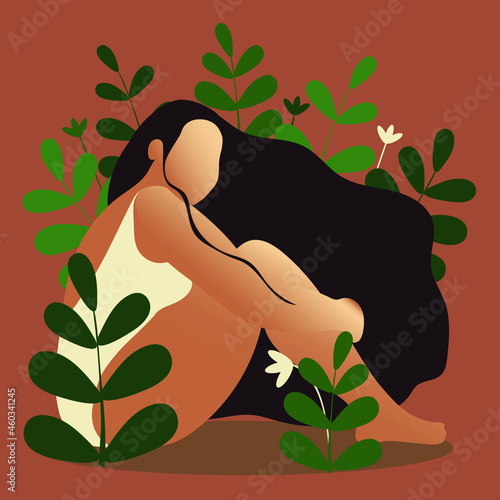 A beauty in a light swimsuit sits in nature and relaxes, breathes fresh air and takes care of her mental health. Brown background. Vector.