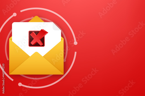 Opened envelope and document with red cross mark. Verification email. Vector stock illustration.