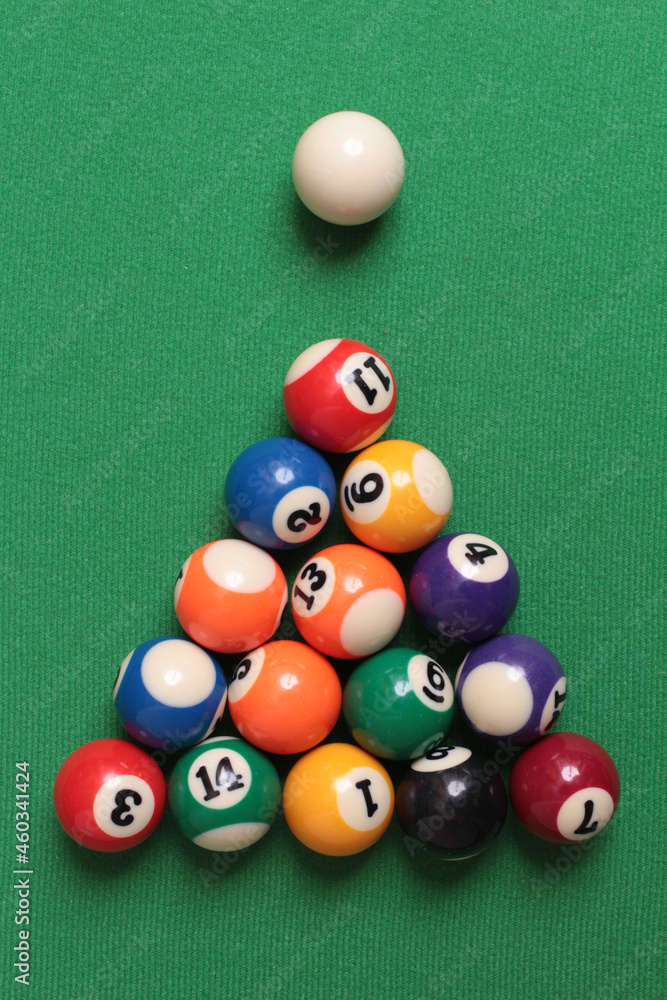Billiard balls on green table with numbers Billiard balls on green table with numbers