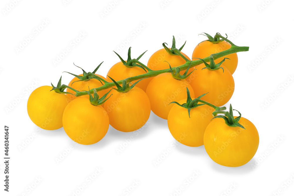 a sprig of fresh yellow cherry tomatoes and two cherry tomatoes lying next to each other on a white isolated background. a sprig of fresh yellow cherry tomatoes and two cherry tomatoes lying next to each other on a white isolated background.