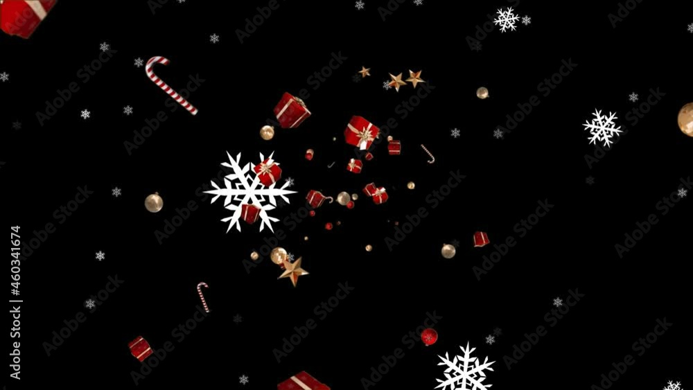 Animation of christmas gifts and snow falling over black background Animation of christmas gifts and snow falling over black background