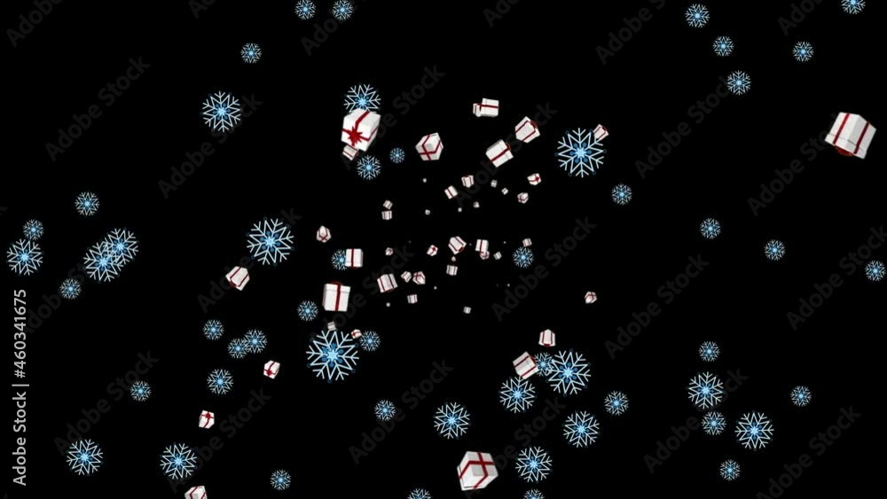 Animation of christmas gifts and snow falling over black background Animation of christmas gifts and snow falling over black background