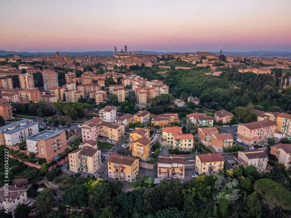 Siena panorama aerial drone Italia sunset red