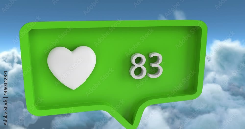 Animation of heart icon with numbers on speech bubble over sky and clouds Animation of heart icon with numbers on speech bubble over sky and clouds